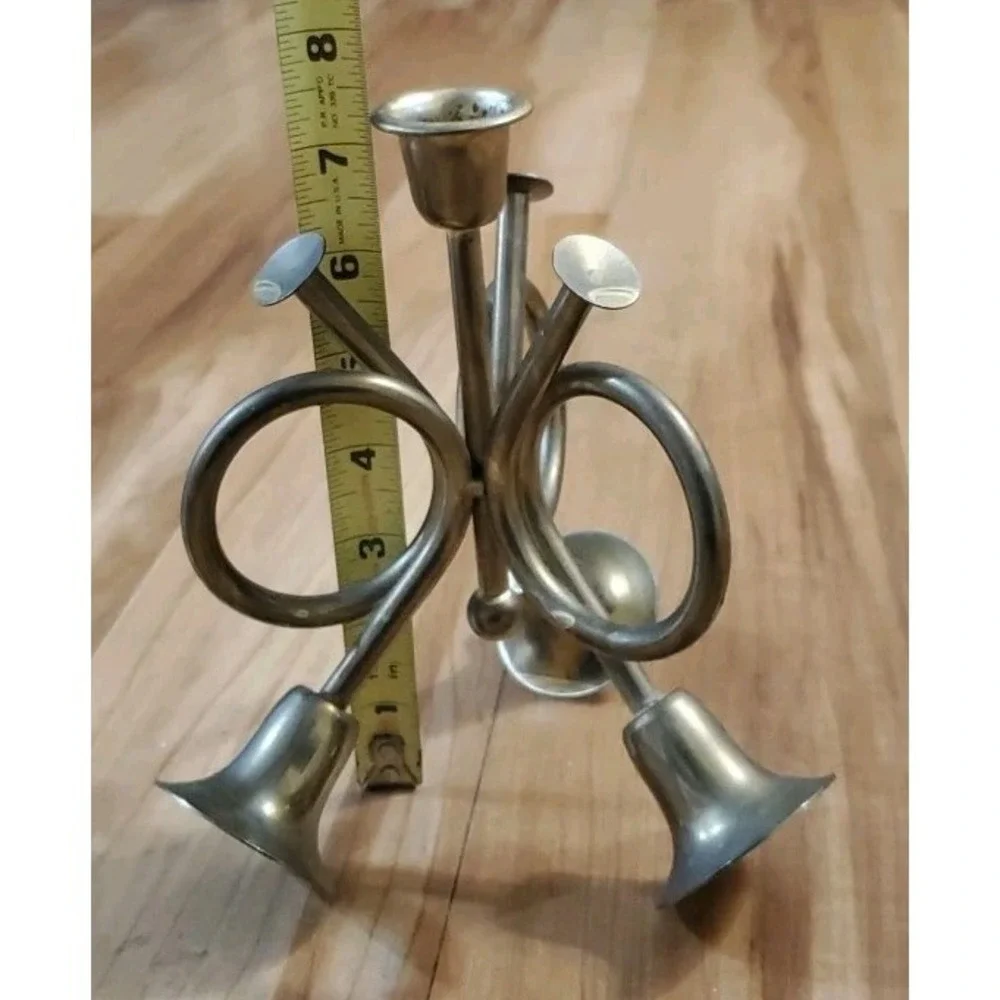Tripple French Horn Brass‎ Taper Candle Holder Thanksgiving Christmas Holiday